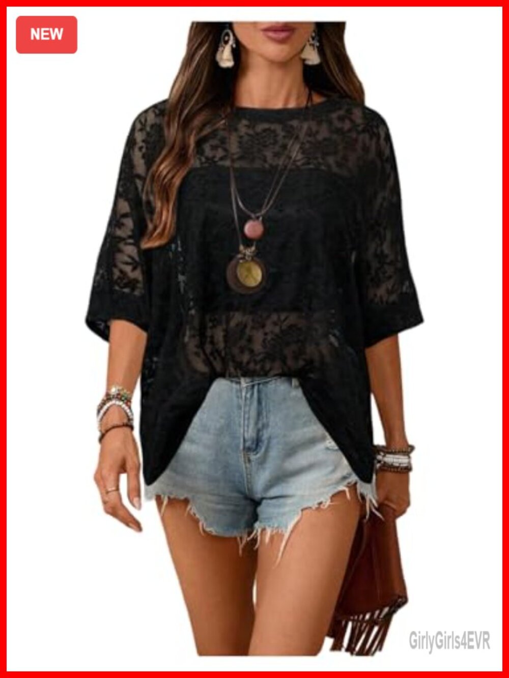 Women's Short Sleeve Floral Mesh Lace Top Loose Fit Boho Summer Blouse